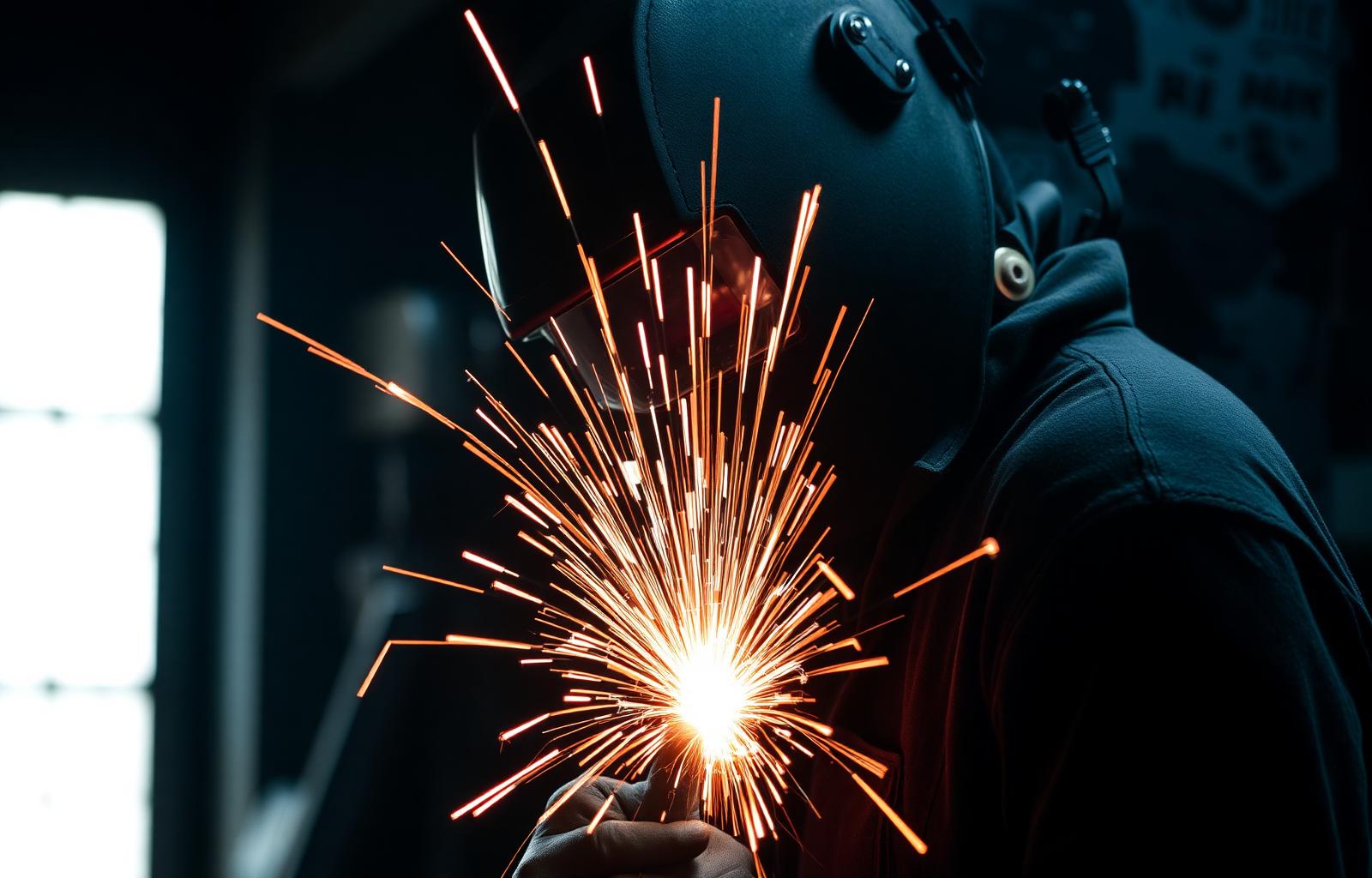 Welder arc welding with sparks